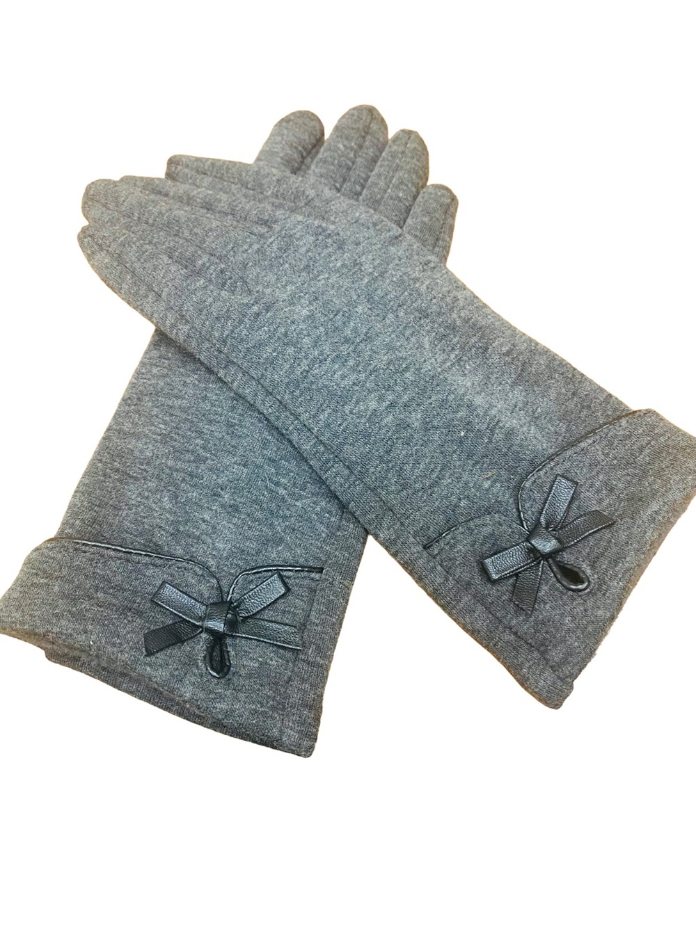 Women's Gray Knit Wrist
Gloves w/ Black Bow Accent, One Size Polyester